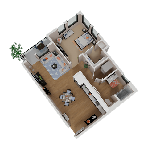 Floor plan for 1 bed, 1 bath, 683 sqft